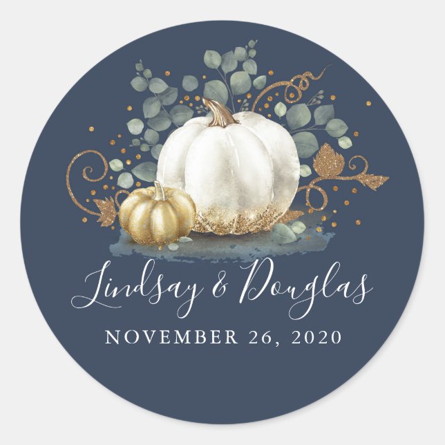 Gold White Pumpkin Fall Wedding Navy Blue Classic Round Sticker (Front)