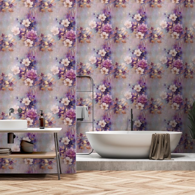 Gold White Purple Floral Wallpaper (Bathroom)