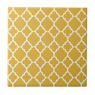 Gold White Quatrefoil Moroccan Pattern Ceramic Tile