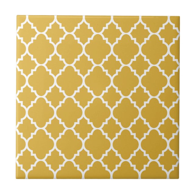 Gold White Quatrefoil Moroccan Pattern Ceramic Tile (Front)