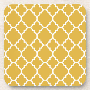 Gold White Quatrefoil Moroccan Pattern Coaster