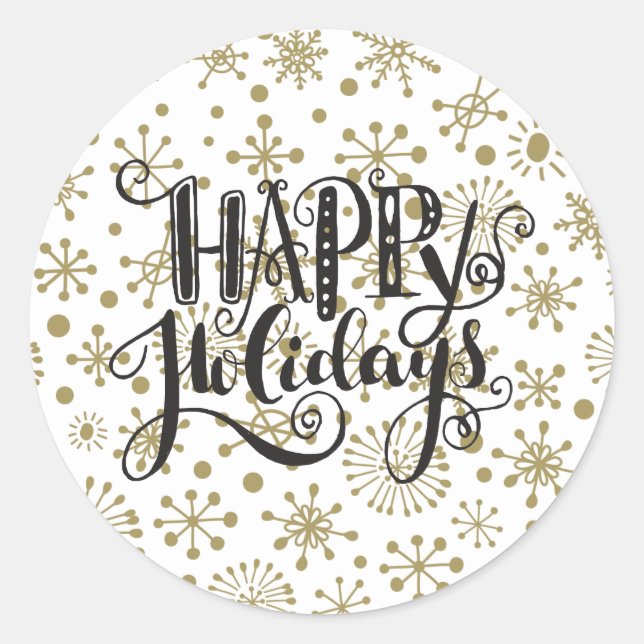 Gold & White Retro Snowflakes HAPPY HOLIDAYS Favou Classic Round Sticker (Front)