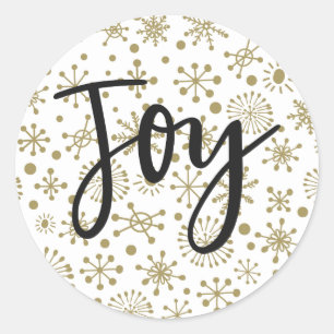 Gold & White Retro Snowflakes Holiday JOY Favour Classic Round Sticker