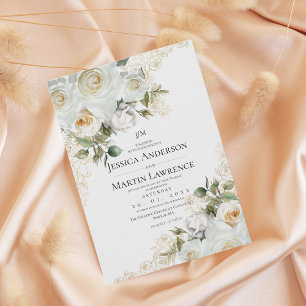 Gold White Rose Floral Elegant Wedding Invitation
