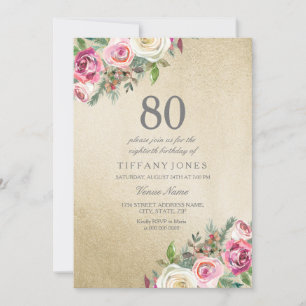 Gold White Roses Womans 80th Birthday Party Invite