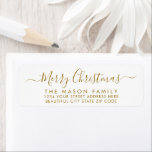 Gold White Script Christmas Return Address Label<br><div class="desc">Modern Elegant Gold and White Hand Lettered Christmas Family Return Address Labels. Featuring a pretty hand-written calligraphy swash-tail font script with saying "Merry Christmas". Great for Christmas holiday season,  easy to personalise them with your names and return address info.</div>