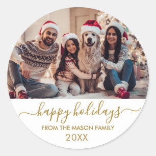 Gold White Script Family Photo Happy Holidays Classic Round Sticker