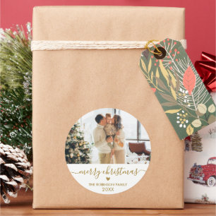 Gold White Script Family Photo Merry Christmas Classic Round Sticker