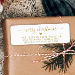Gold White Script Heart Christmas Return Address Label<br><div class="desc">Elegant,  Modern Gold and White Script Heart Christmas Family Return Address Labels. Featuring a nice hand-lettered swash-tail font calligraphy script with saying "Merry Christmas" and a little love heart motif. Great for Christmas holiday season,  easy to personalise them with your names and return address info.</div>