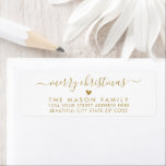 Gold White Script Heart Christmas Return Address Label<br><div class="desc">Elegant,  Modern Gold and White Script Christmas Family Return Address Labels. Featuring a pretty hand-lettered swash-tail font calligraphy script with saying "Merry Christmas" and a little love heart motif. Great for Christmas holiday season,  easy to personalise them with your names and return address info.</div>