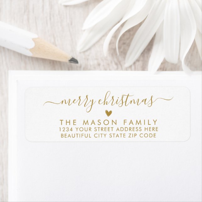 Gold White Script Heart Christmas Return Address Label (Insitu)