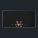Gold White Script Monogram On Black Desk Mat<br><div class="desc">An elegant modern trendy style monogrammed desk mat with a gold serif initial and a white script last name.</div>