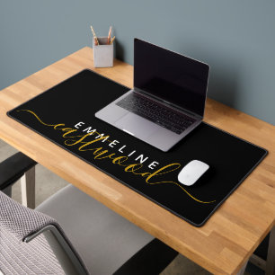 Gold White Script Monogram On Black Desk Mat