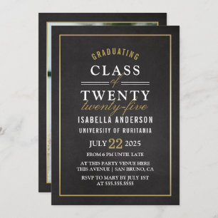 Gold & White Script on Chalkboard Graduate Photo Invitation