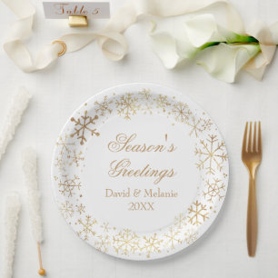 Gold White Season's Greetings Paper Plate
