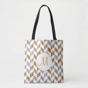 Gold, White & Silver Chevron Monogram Design Tote Bag