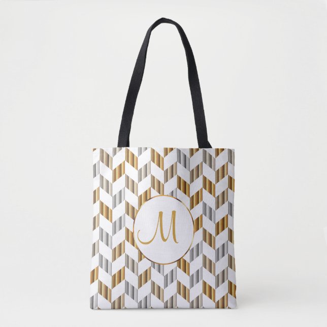 Gold, White & Silver Chevron Monogram Design Tote Bag (Front)