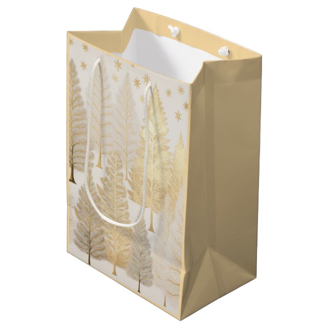 Gold White Silver Christmas Pine Trees Gift Bag (Front Angled)