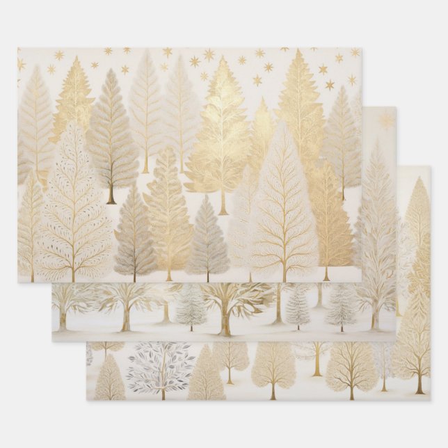 Gold White Silver Christmas Trees Wrapping Paper Sheet (Set)