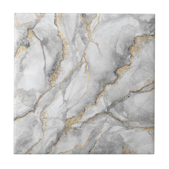 Gold White Silver Marble Pretty Ceramic Tile (Front)