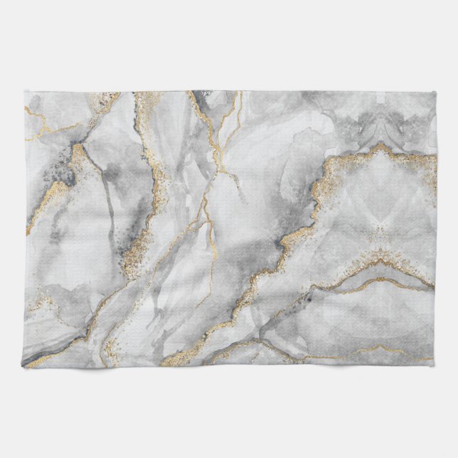 Gold White Silver Marble Pretty Tea Towel (Horizontal)
