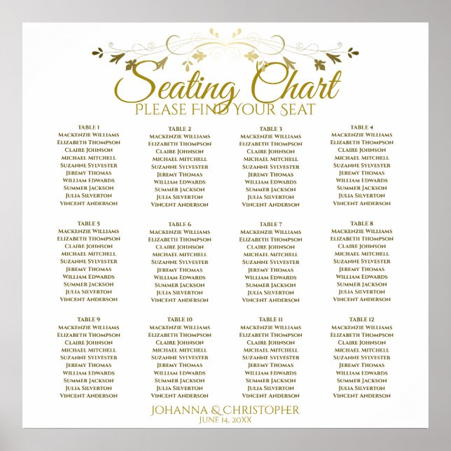 Gold & White Simple 12 Table Wedding Seating Chart (Front)