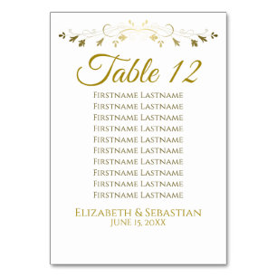 Gold & White Simple Elgant Wedding Seating Chart Table Number