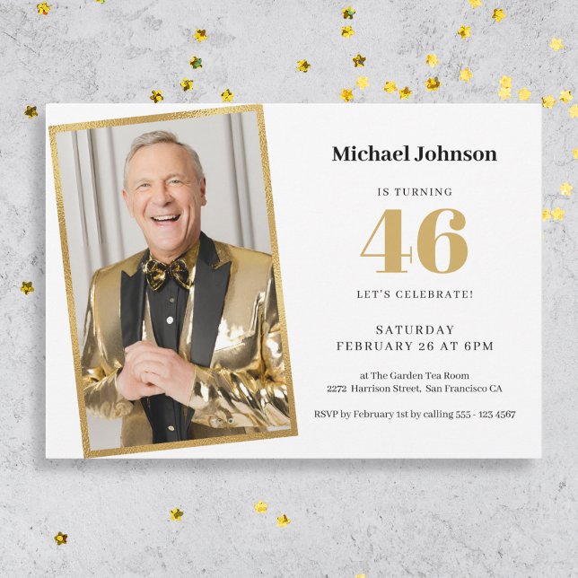 Gold White Simple Photo Any Age Birthday Party Invitation (Mockup View)