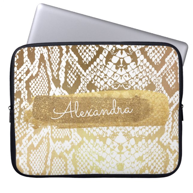 Gold & White Snake Skin with Gold Glitter Laptop Sleeve (Front)