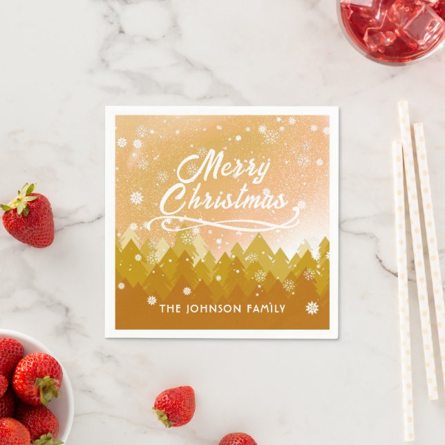 Gold White Snow Peaceful Forest Merry Christmas  Napkin (Insitu)