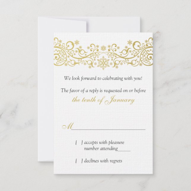 Gold White Snowflake Floral Wedding RSVP Reply Card (Front)