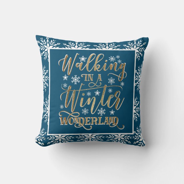 Gold White Snowflakes Navy Blue Christmas Holiday Cushion (Front)