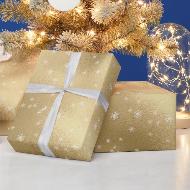 Gold White Snowflakes Wrapping Paper (Holidays)