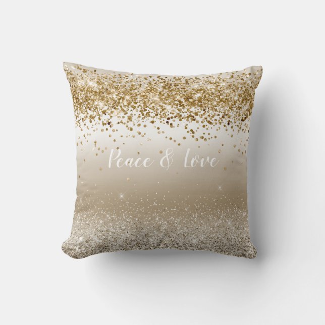 Gold White Sparkle Glitter Peace Love  Cushion (Front)