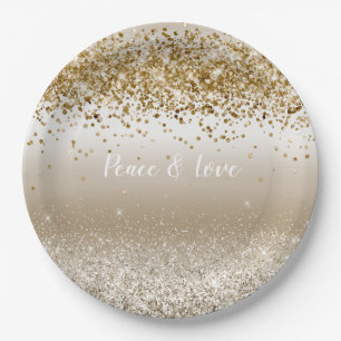 Gold White Sparkle Glitter Peace Love Paper Plate