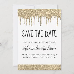 Gold White Sparkle Glitter Sweet 16 Save the Date Invitation