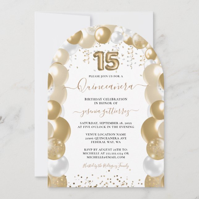 Gold White Sparkle Quinceañera Balloon Photo Invitation (Front)