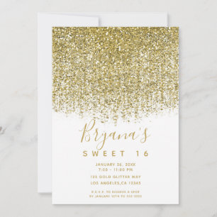 Gold & White Sparkly Glitter Sweet 16 Party  Invitation