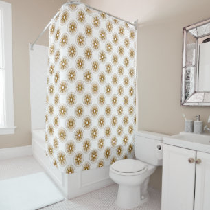 Gold & White Starburst Medallion Pattern Shower Curtain