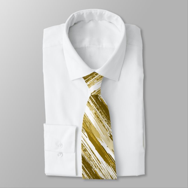 Gold White Streak Modern Abstract Neck Tie (Tied)