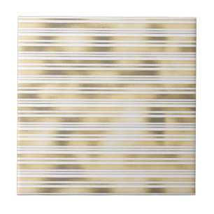 Gold white stripe geometric pattern shimmer foil ceramic tile