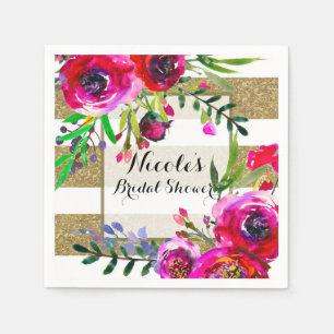 Gold White Stripes Bold Glam Floral Bridal Shower Napkin