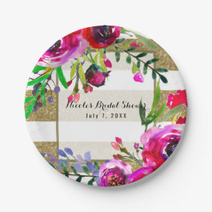 Gold White Stripes Bold Glam Floral Bridal Shower Paper Plate