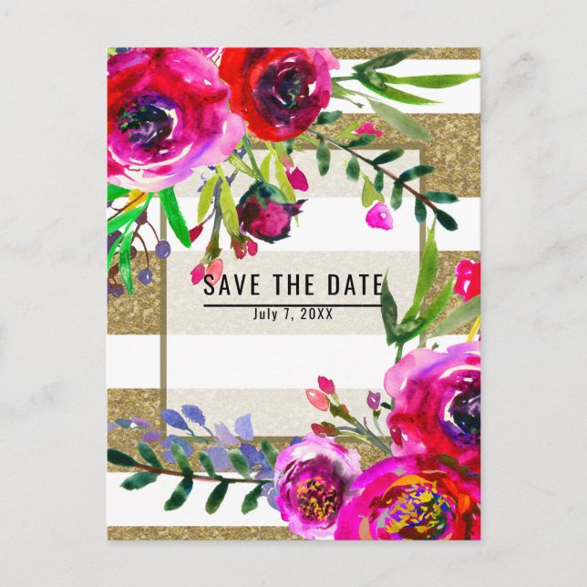 Gold White Stripes Bold Glam Floral Save the Date Announcement Postcard (Front)