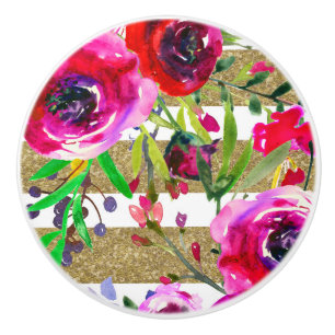 Gold White Stripes Bold Glam Floral Watercolor Ceramic Knob
