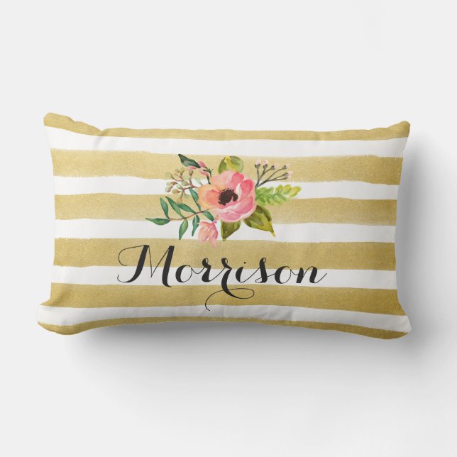Gold White Stripes Chic Watercolor Flower Monogram Lumbar Cushion (Front)