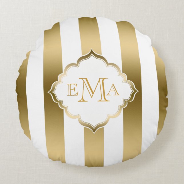 Gold & White Stripes Geometric Pattern Round Cushion (Front)