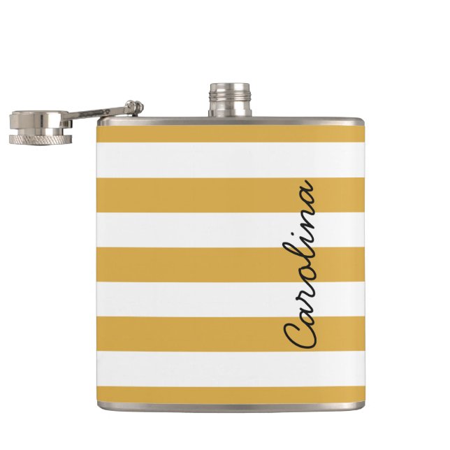Gold White Stripes Pattern Black Custom Name Hip Flask (Opened)