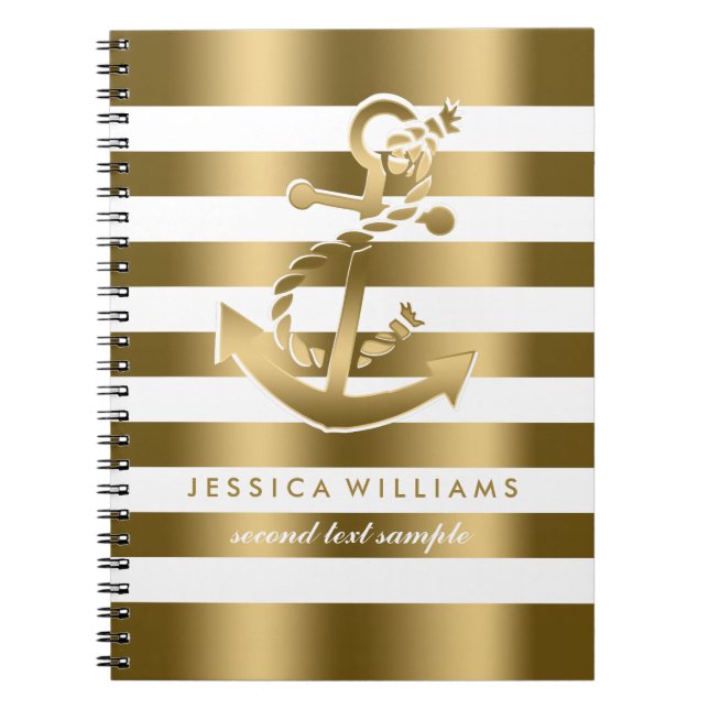 Gold & White Stripes Pattern With Anchor Notebook (Front)
