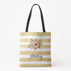 Gold White Stripes Watercolor Flower Monogram